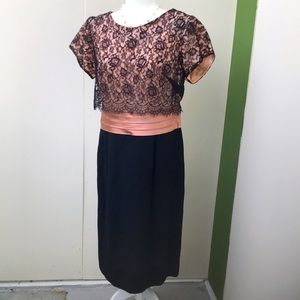 Vintage 40s NWOT Classy Black and Blush Pink Lace Lauered Semi Formal Midi Dress